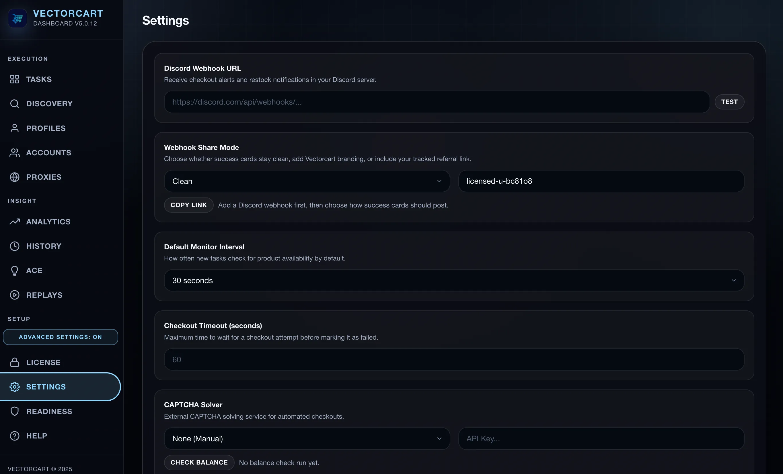 Vectorcart settings panel screenshot