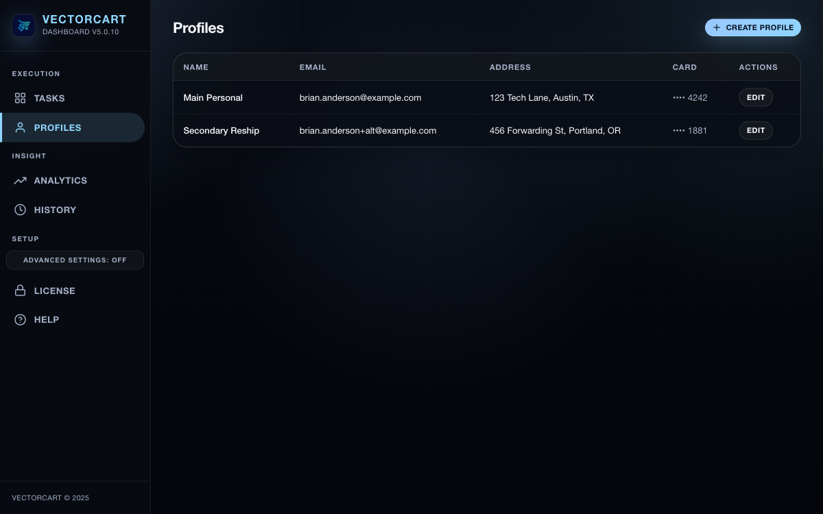 Vectorcart smart profile management table showing billing configurations