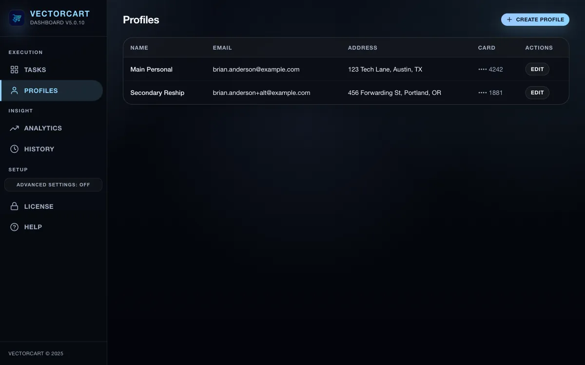 Vectorcart smart profile management table showing billing configurations