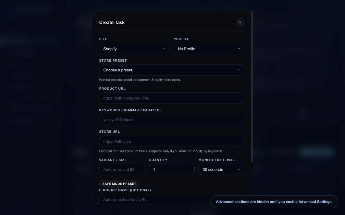 Vectorcart create task modal with Shopify preset and profile fields