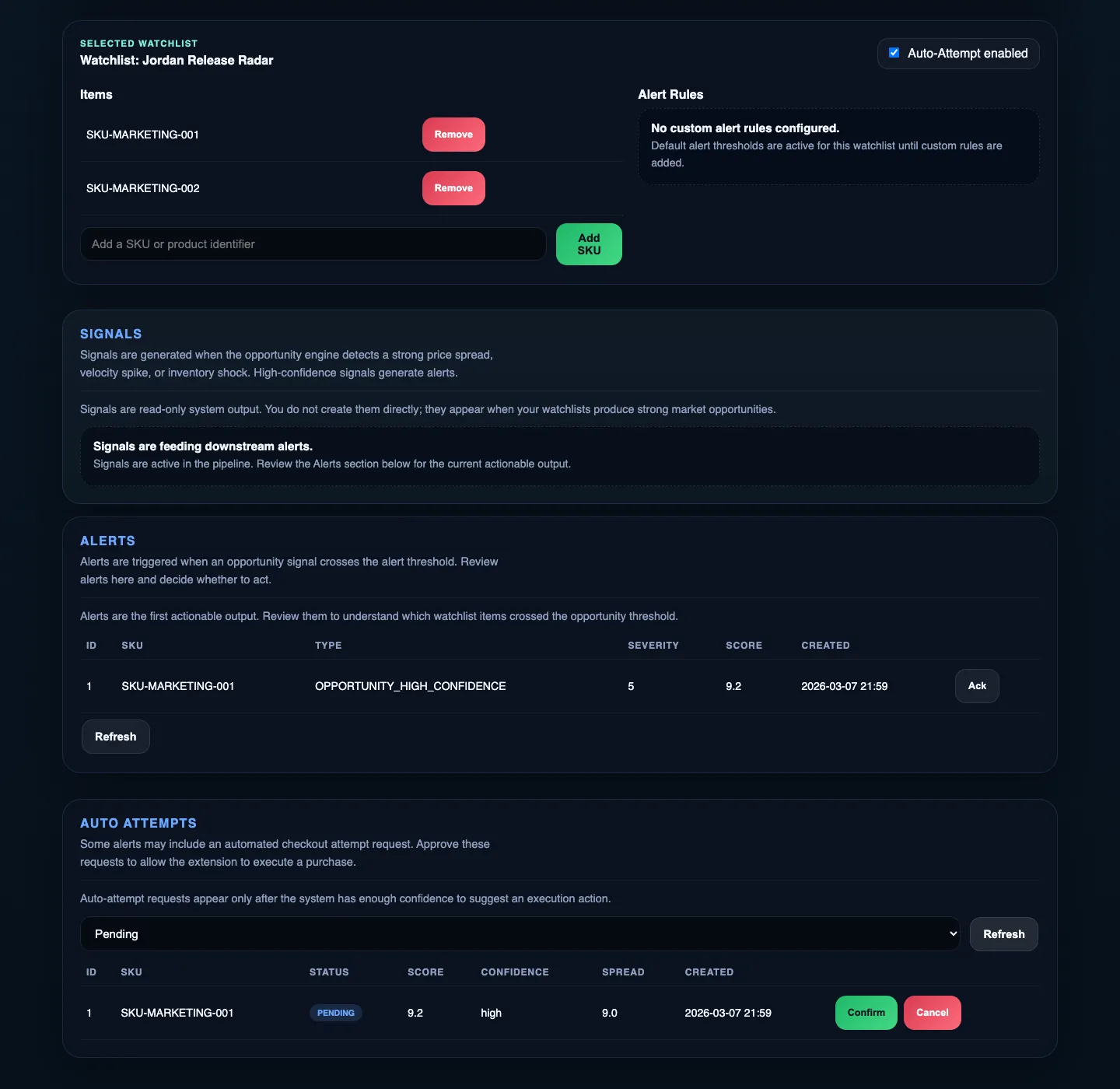 Vectorcart control dashboard for profile and account-state readiness checks.